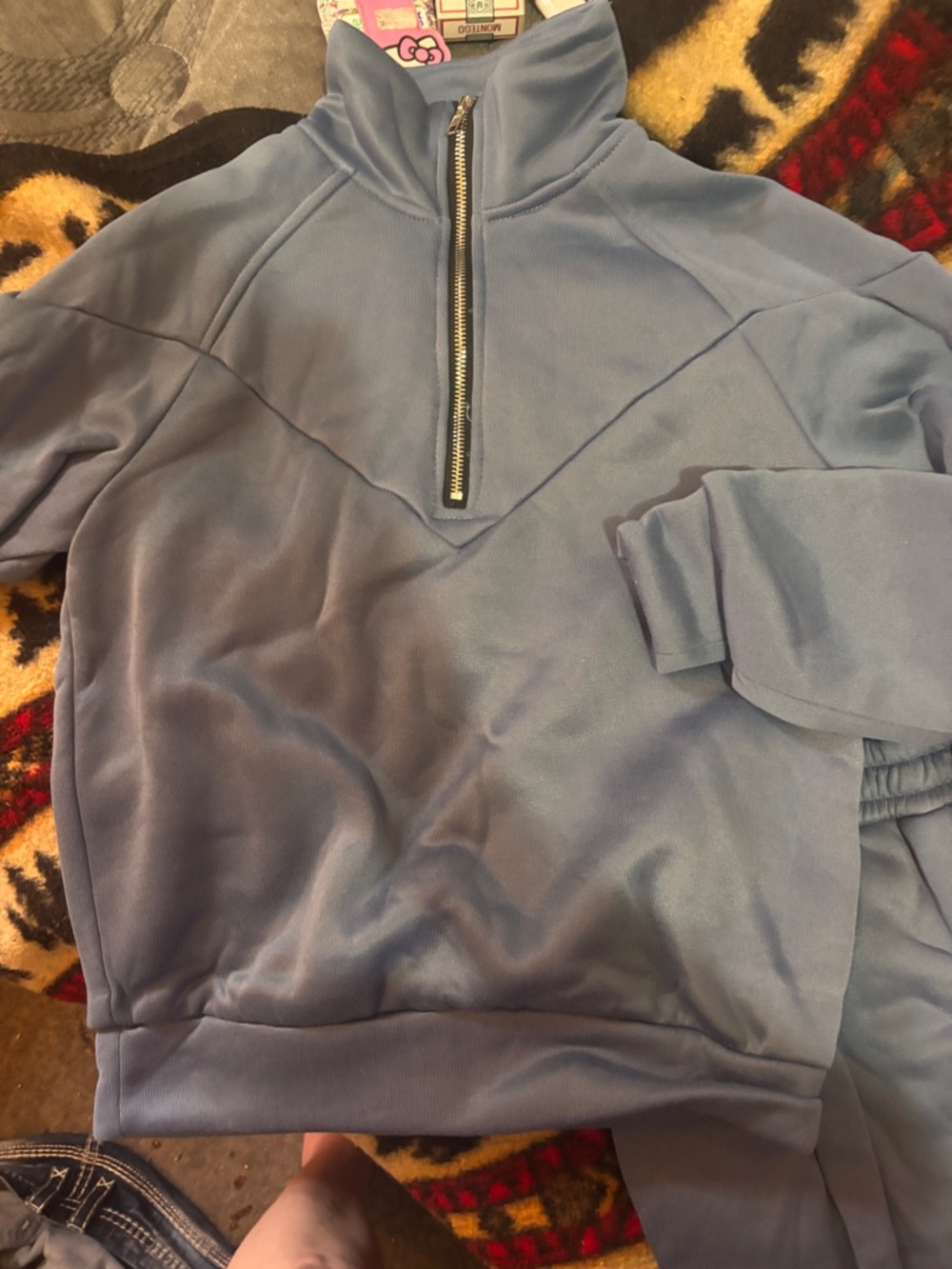 Young /girls  Blue Quarter-Zip Pullover Sweater& sweat pants two piece out fit